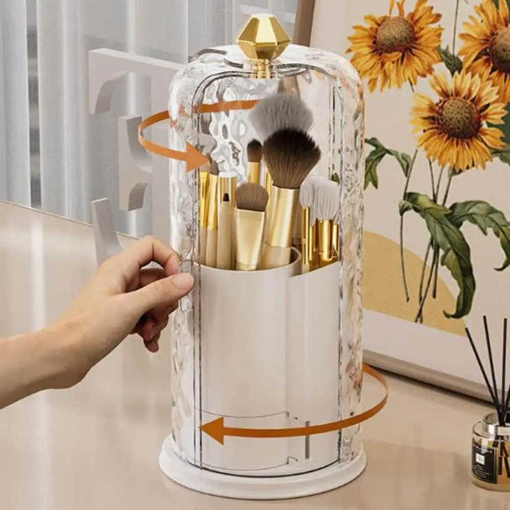 Plástico 360 °   Soporte giratorio para brochas de maquillaje, a prueba de polvo, con tapa, lápiz labial, cejas, caja de almacenamiento de cosméticos de gran capacidad