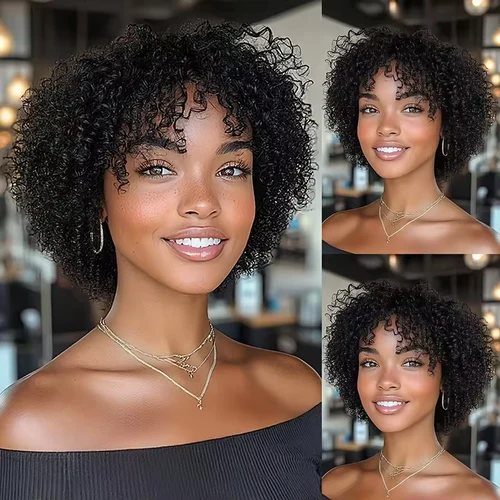 Imagen 2 del producto Peluca de Cabello Humano Rizado con Flequillo para Mujer, Estilo Pixie Cut, Cabello Humano Brasileño, Corto y Rizado, Hecho a Máquina