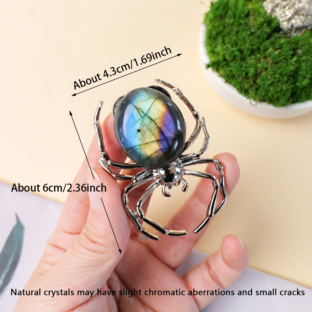 1pc Natürliche Kristall Labradorit Spinne Ornament Grau Mondstein Kristall Handwerk Home Office Desktop Dekorationen Urlaub Geschenk – Detail 2