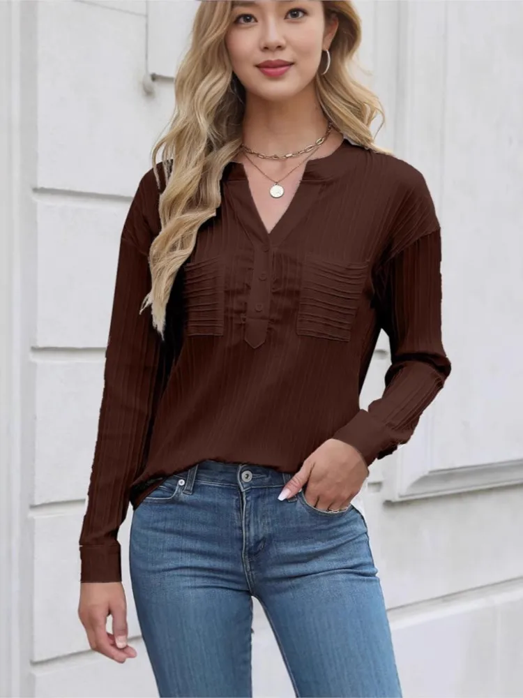 Spring Autumn New Women's Shirt Sexy Button V-neck Style Casual Solid Color Casual Set Headband Pocket Top