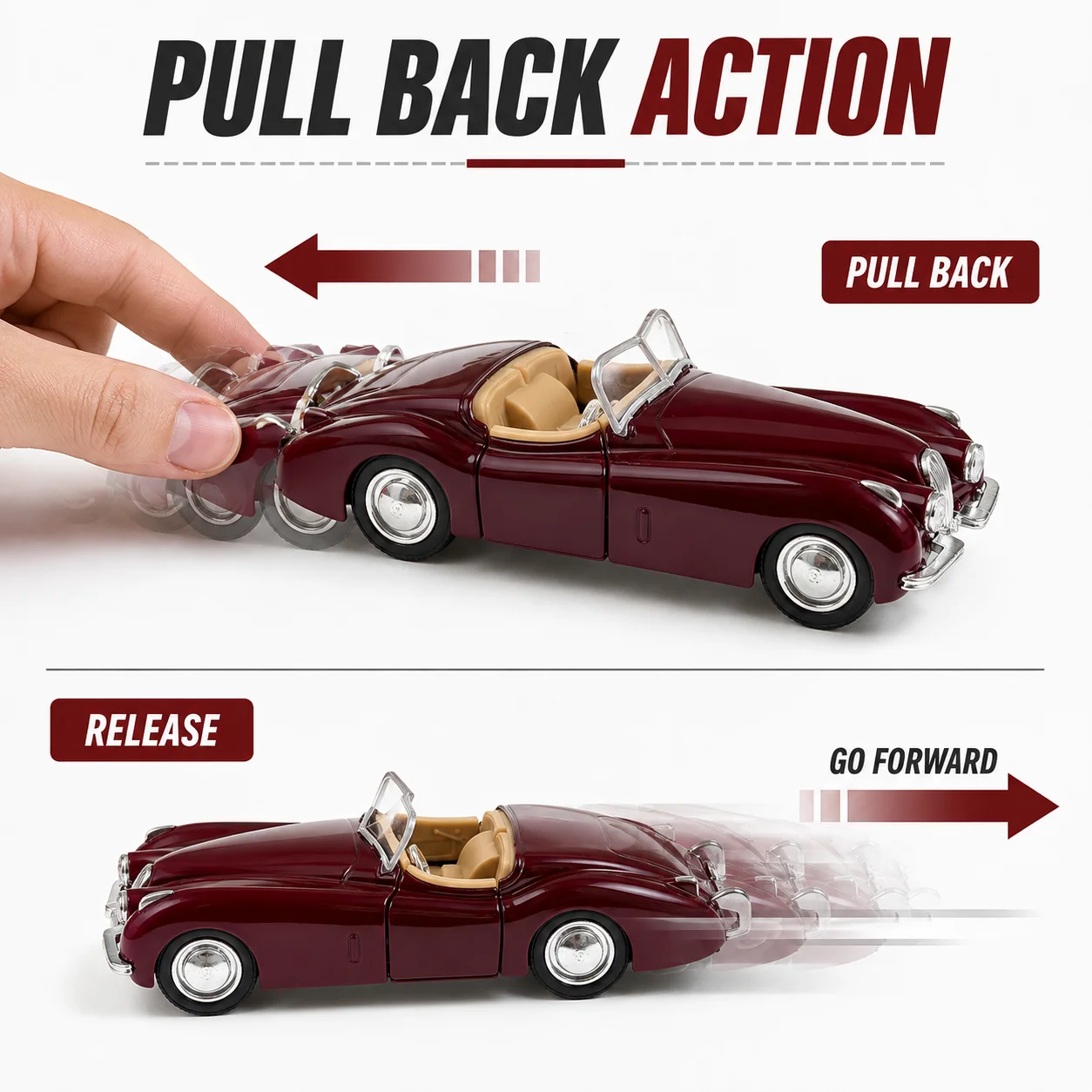 (Corrugated Box) 1/36 Scale, British Vintage Roadster Style Toy Car, Powerful Spring, Metal Casting, Boy's Toy, the Best Gift.