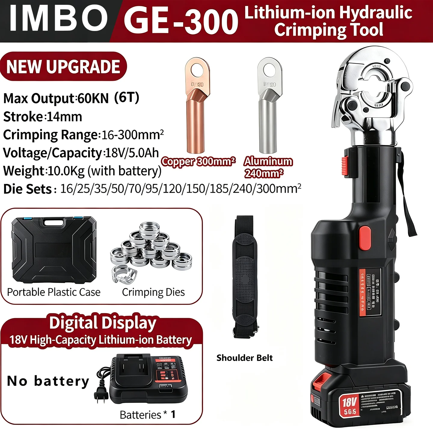 Cordless Hydraulic Crimping Kit 12T 18V Battery with 12 Dies for 6AWG to 800MCM Copper/Aluminum Terminals & Wire Lugs