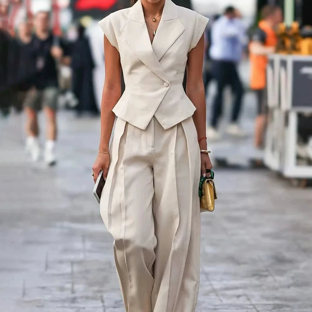 

Fashion casual suit for women 2025 summer new temperament commuter style sleeveless top wide-leg trousers two-piece suit-GZXX895