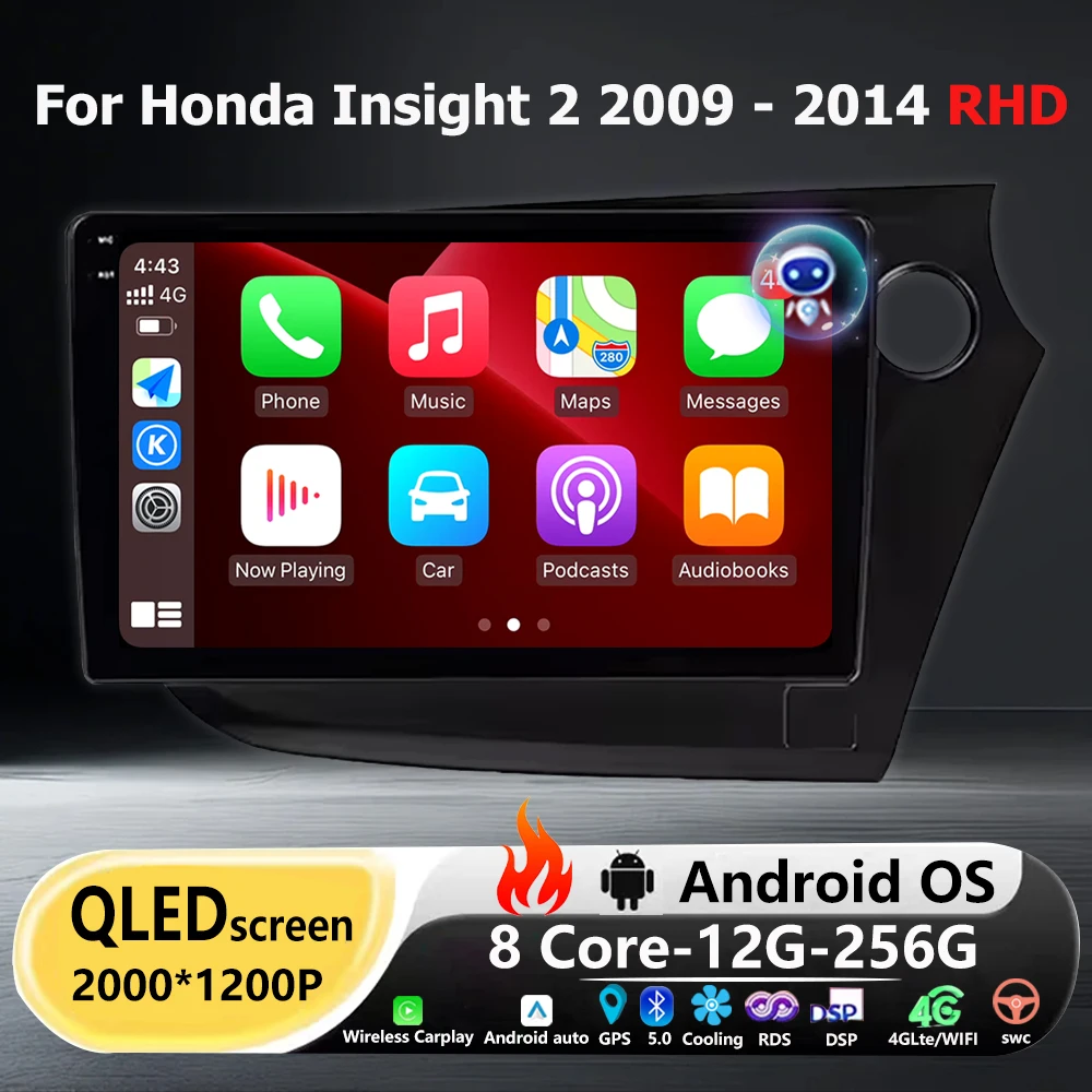 Car Radio Multimedia Video Player GPS Navigation QLED Touch Screen For Honda Insight 2 2009- 2014 RHD Android 16 Auto Carplay BT