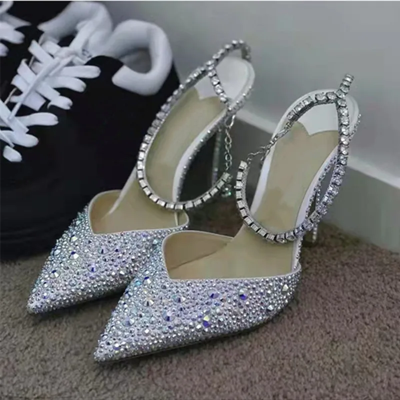 Summer Women Sandals Silk Crystal Chain Thin Heel Outdoor Female Casual Shoes Sexy Cover Toe Night Club Party High Heels Mujer