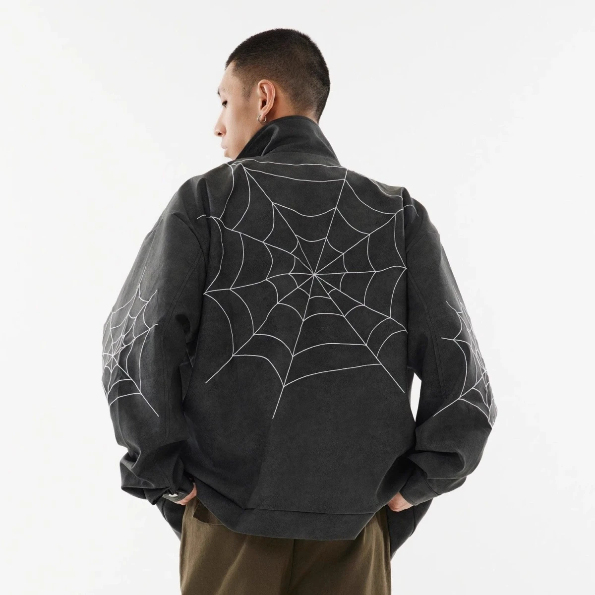 

Spider Web Embroidery Leather Jaet Men's Trendy Vibe High-End Feeling Cool American High Street Flip Collar Motorcycle Jaet