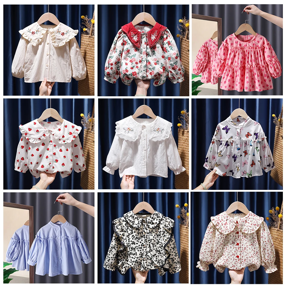 2024 New Toddler Baby Girl Long Sleeve Blouses Toddler Ruffles Collar Cotton Shirt Kids Girls Spring Fall Casual Tops Clothes