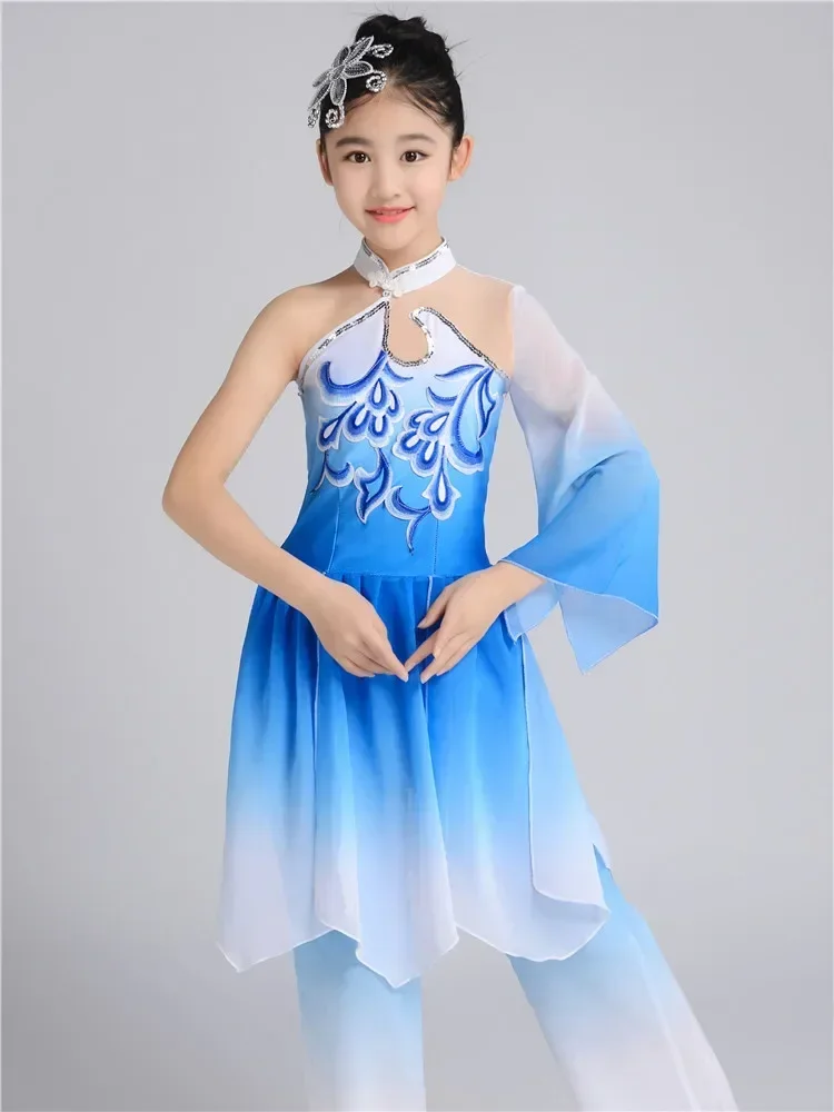 Dziewczęce stroje do tańca z wachlarzami, z jednym rękawem, w stylu chińskim Yangko, eleganckie cekinowe stroje Hanfu do tańca.