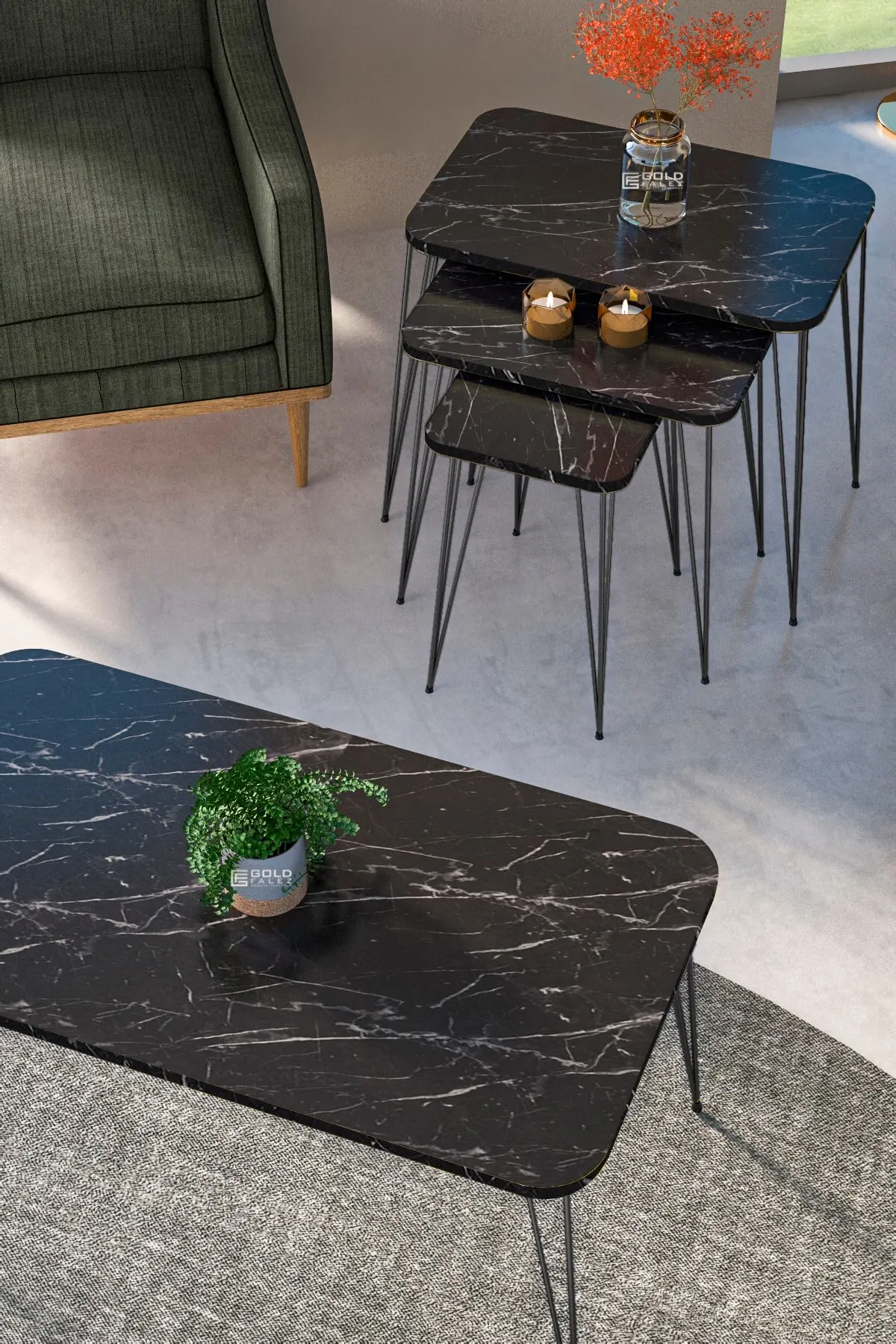 Modern Nelling Table And Center Table Set Black Wire Metal Leg 4 Pieces De Mounted Rectangle Tea Coffee Service Table Living Roo