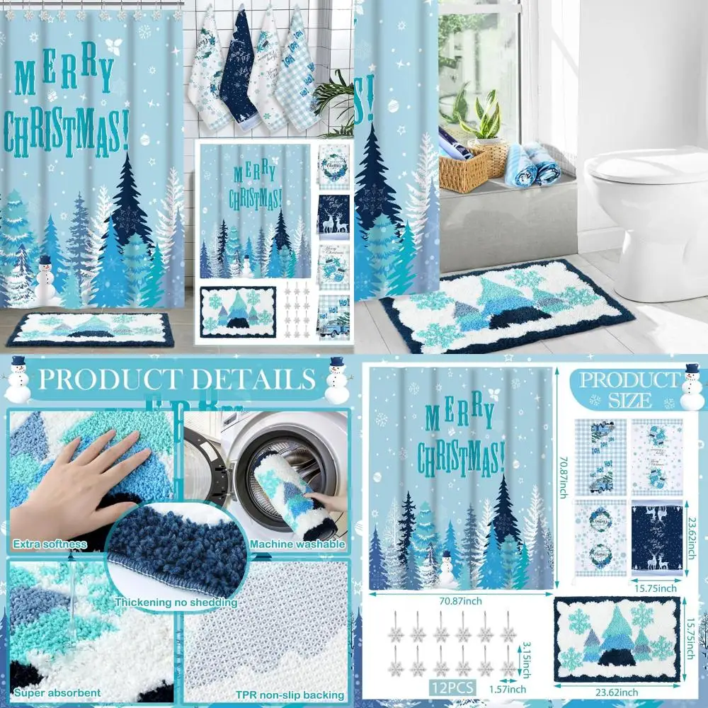 

12-Hook Merry Christmas Shower Curtain Set with Snowflake Bath Towels and Non-Slip Rug for Festive Bathroom Decor