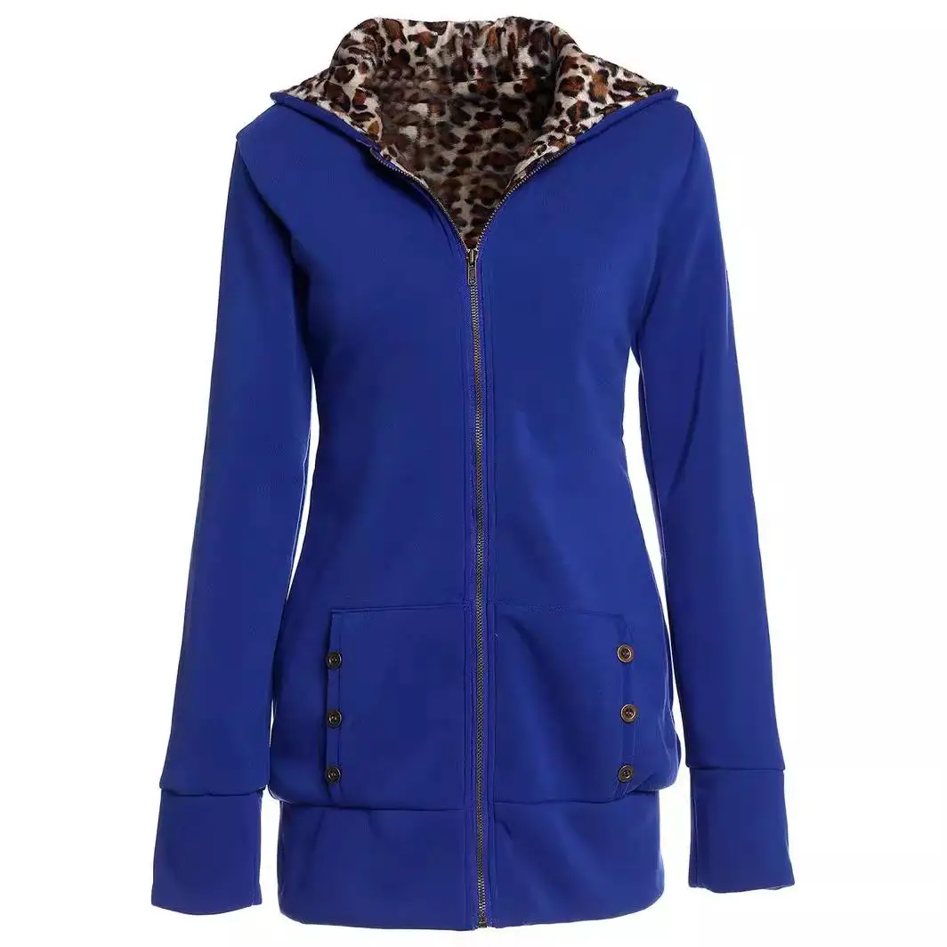 เสื้อคลุมมีฮู้ดลายเสือดาวสำหรับผู้หญิงไซส์ใหญ่ รุ่น EABY Autumn Winter Thiened พร้อมซับในและแขนยาว
