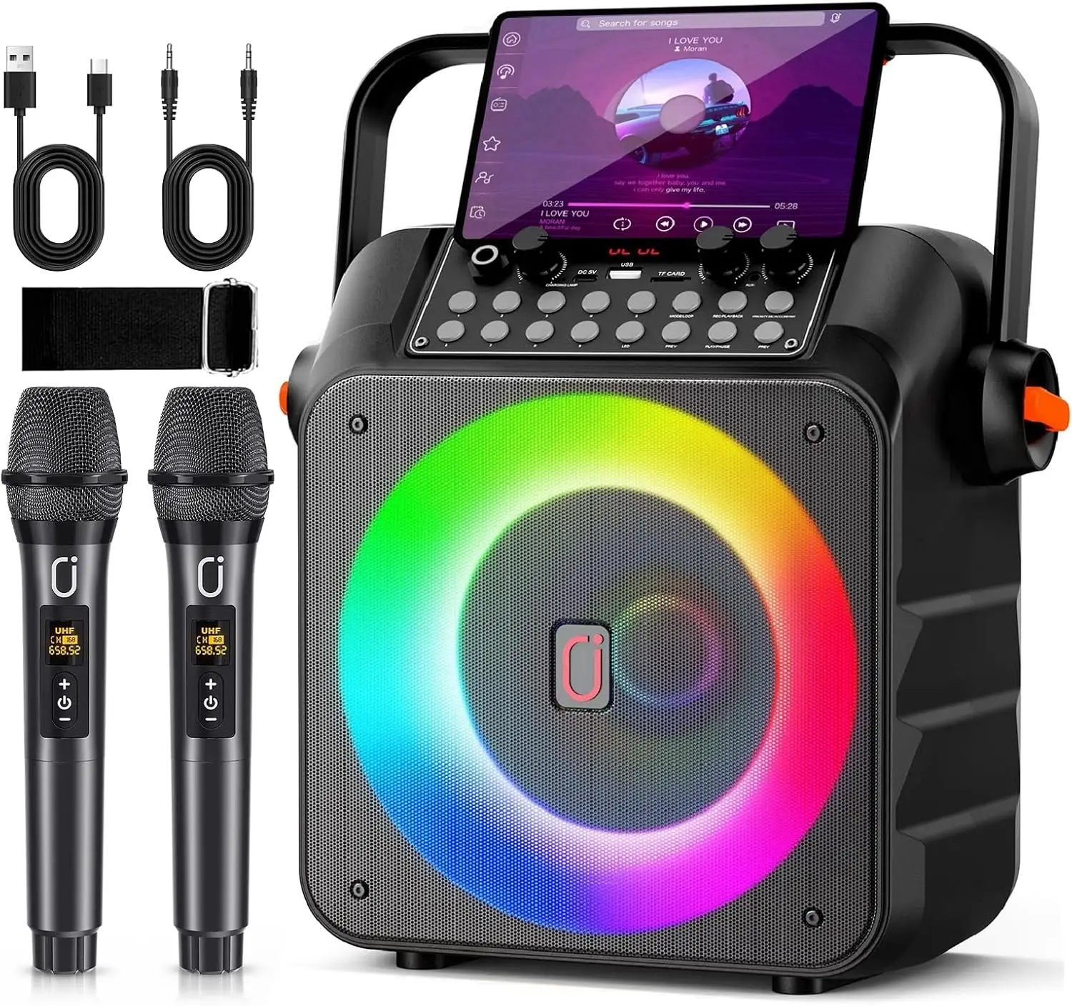 

Портативная караоке-система с 2 беспроводными микрофонами, Bluetooth-колонкой, LED-подсветкой, USB/AUX-входом для домашних вечеринок