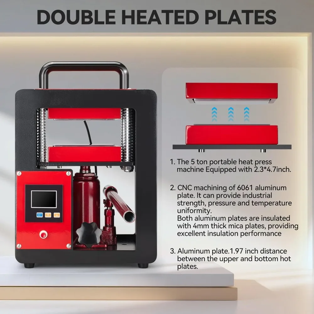 أطقم المطاعم ماكينة ضغط حراري هيدروليكية محمولة 5 طن 2.3 × 4.7 بوصة لوحة تسخين مزدوجة، أحمر/أسود #4