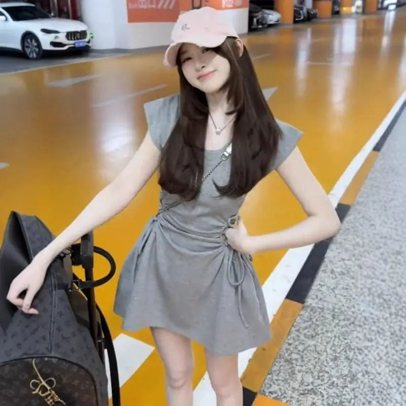 Women Clothing Summer Casual  Fashion Solid Color O-neck Vintage All-match Fashionable Female Shirring Casual Dresses