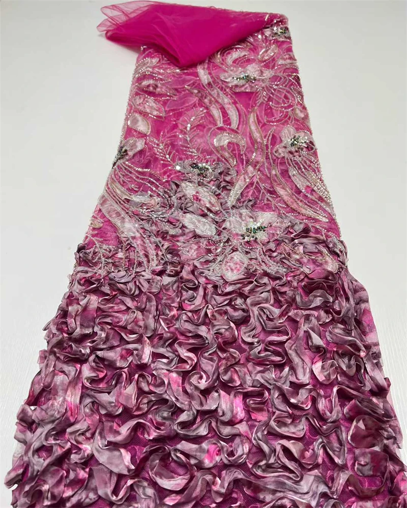 Fashion French Mesh Lace Fabric with 3D Flowers Embroidery Beads And Sequins for Wedding Dresses African Nigerian Style