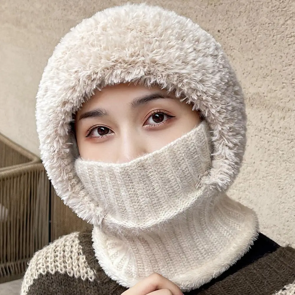 Winter Warm Cycling Hat Face Mask Cold-proof Thermal Knitting Plush Balaclava Hat Hooded Neck Warmer Outdoor Hike Cycling Cap