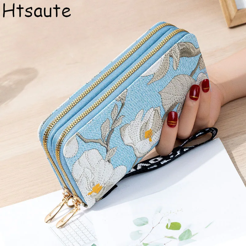 

2024 New Wallet Women's European and American Card Bag Zipper Handbag Embroidered Flower Printed Wallet Mobile Phone Bag Purse