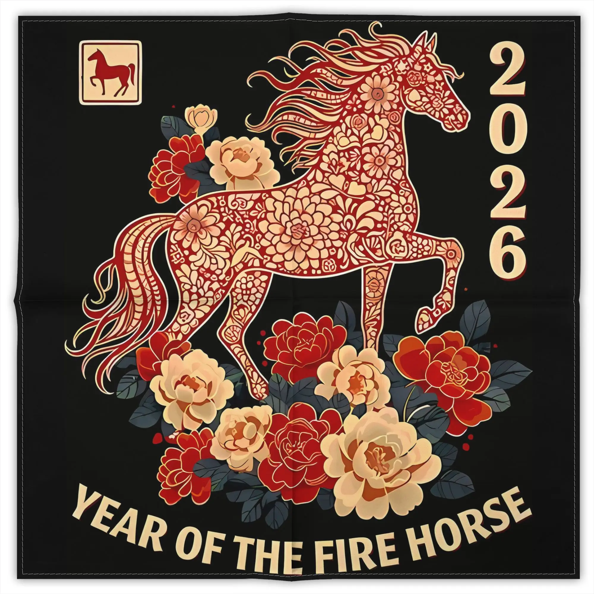 

2026 Horse Year New Year Fashion Square Scarf Decorative Polyester Printed Daily