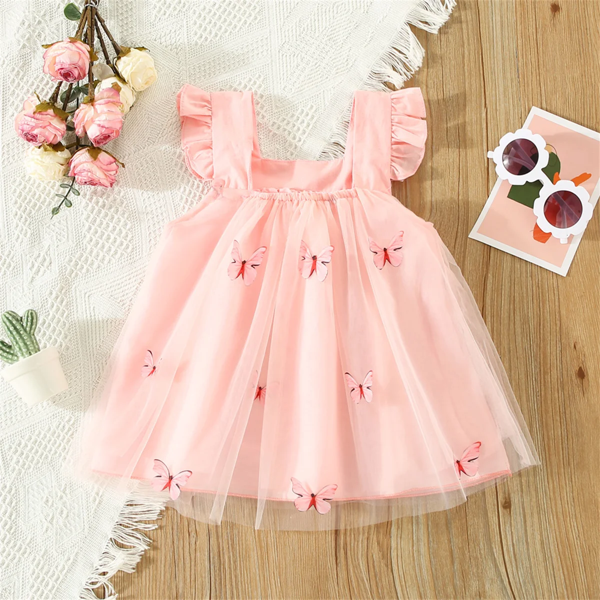 Summer New Dress Sweet Solid Color Flying Sleeves Mesh Butterfly Princess Dress Party Dress Suitable for 0-3 Year Old Babies