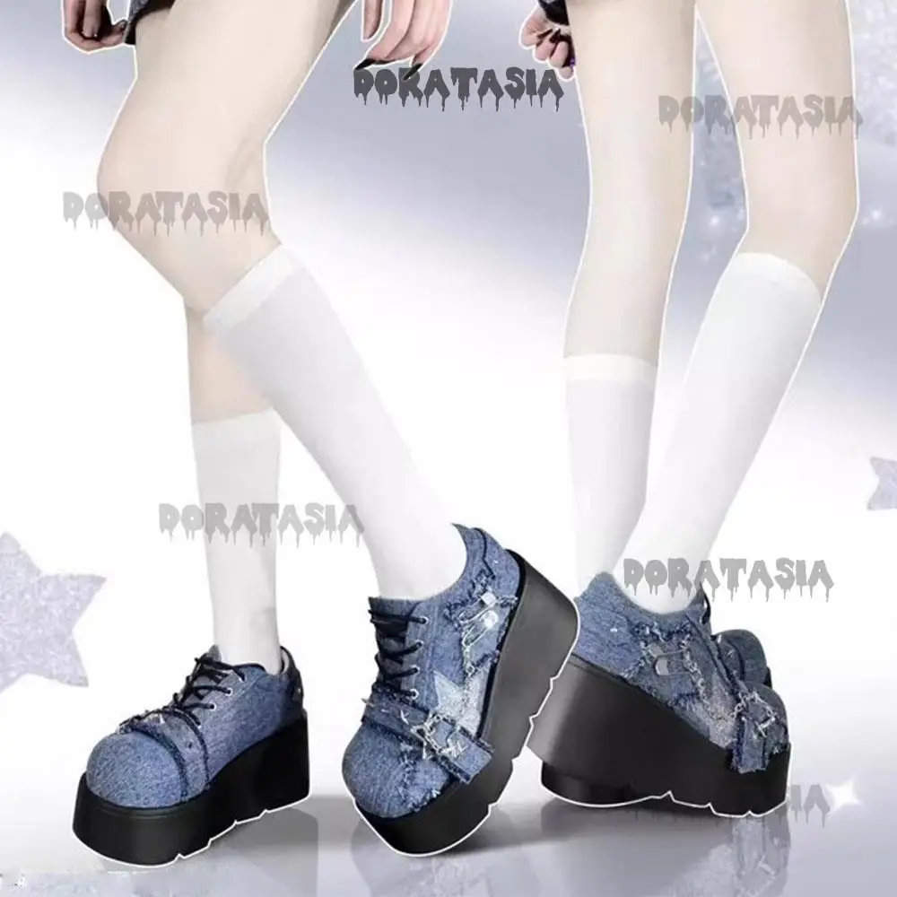 Platform Thick Bottom Lace Up Mary Jane Shoes Women Denim Chain Rivet Design Wedges Women Shoes Buckle Star Pattern Pumps Ladies