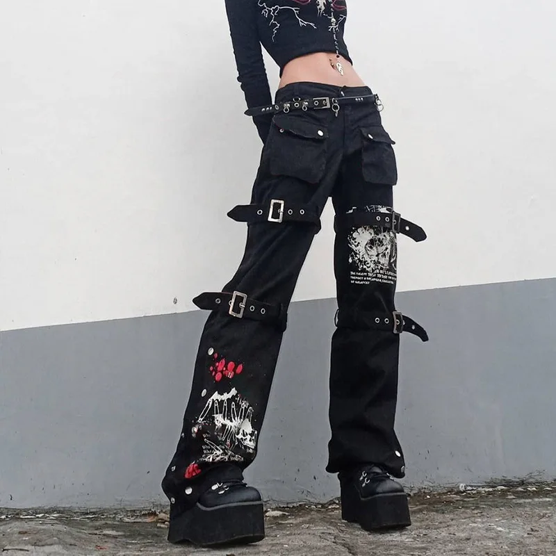 2024 Autumn Women's High Waist Casual Jeans with Metal Buckle Belt Retro Gothic Slim Fit Flared Pants Denim Trousers