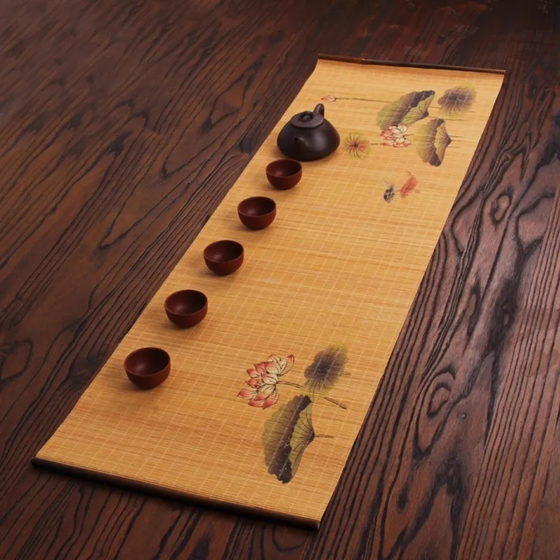 Hand-Painted Zen Tea Mat - Bamboo Tea Tray Mat with Artistic Print, Chinese Style Dry Brew Tea Ceremony Table Cloth