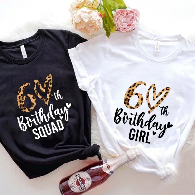 

2024 60th Birthday Party Crew T Shirt for Women Leopard Graphic Tshirt Aesthetic Clothing Black White Harajuku Top Short Sleeve