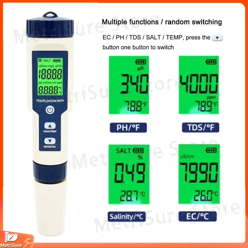 5-in-1 Digital Salinity Tester pH Meter Temperature EC TDS Meter for Swimming Pool Aquarium Hydroponics Water Quality Testing