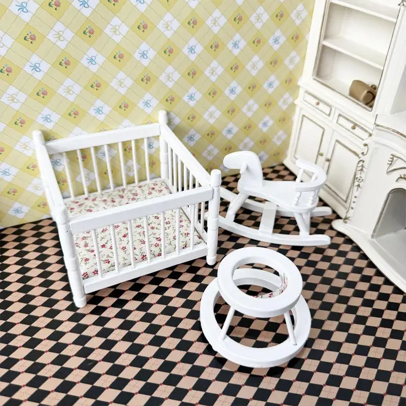 Casa de muñecas en miniatura 1:12, parque infantil, cama para niños, Caballo de Troya, andador para bebé, juego de 3 piezas, modelo de decoración para casa de muñecas, juguetes para juego de imitación DIY