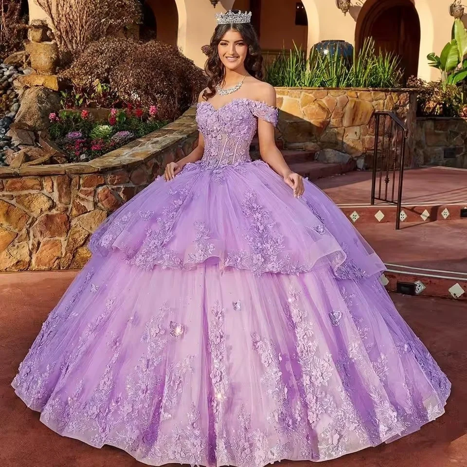 

Lilac Tiered Dresses Princess Sweet 16 Years Girl Birthday Party Beads Lace Appliques Vestidos 15 De Quinceanera