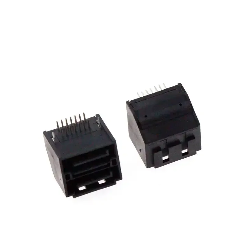 Two SATA7P male double-layer 90 degree curved needle connectors with harpoon positioning pins, interface sockets