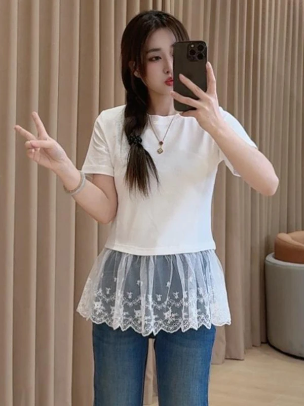 

plus Size Women's Ballet Sle Lace Splice ort Sve T-irt Korean Faion Summer Trendy Top Straight Cut Commute Sle