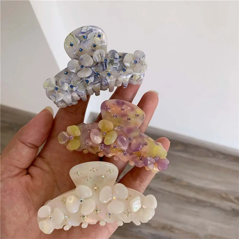 Frauen blau lila Strass Haars pangen Acetat weiß bunte Haarschmuck Acetat Haar Kralle Blume Haars pangen koreanischen Stil