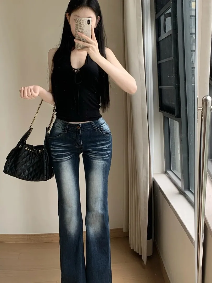 Low Waist Bell Bottom Jeans Women's Summer Slim Fit Elastic Butt Lifting Pants Crotch Enhancing Vintage Style Denim Jeans