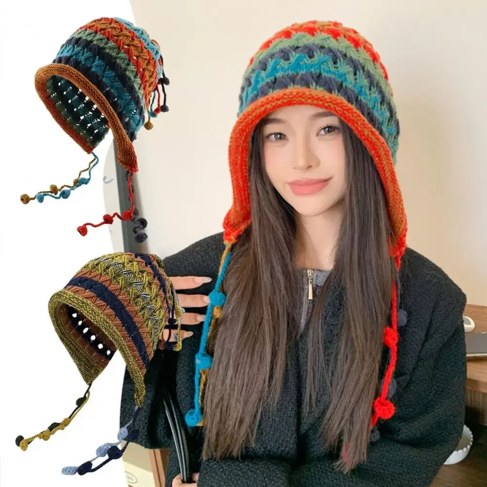 Ladies' Handmade Knitted Autumn and Winter Japanese Colored Tassel Ball with Ear Protection Cap, Hollowed Out Knitted Yarn Cap