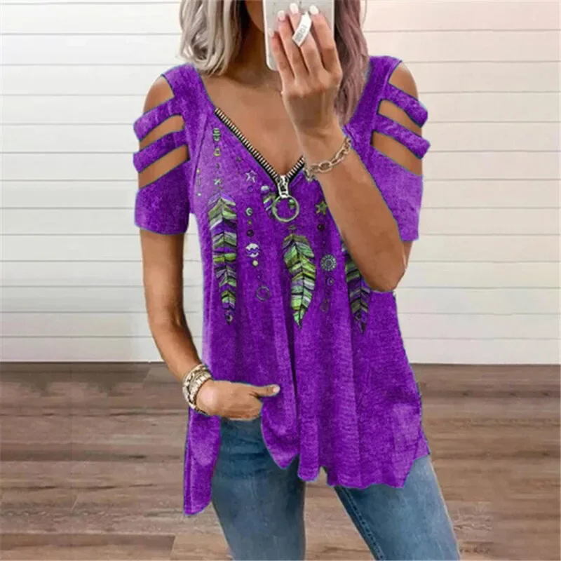 Summer Ladies T-Shirt V-Neck Short sleeve Cold Shoulder Leopard Print Zipper Loose Casual Sexy New Clothes Blouse Tops for Women