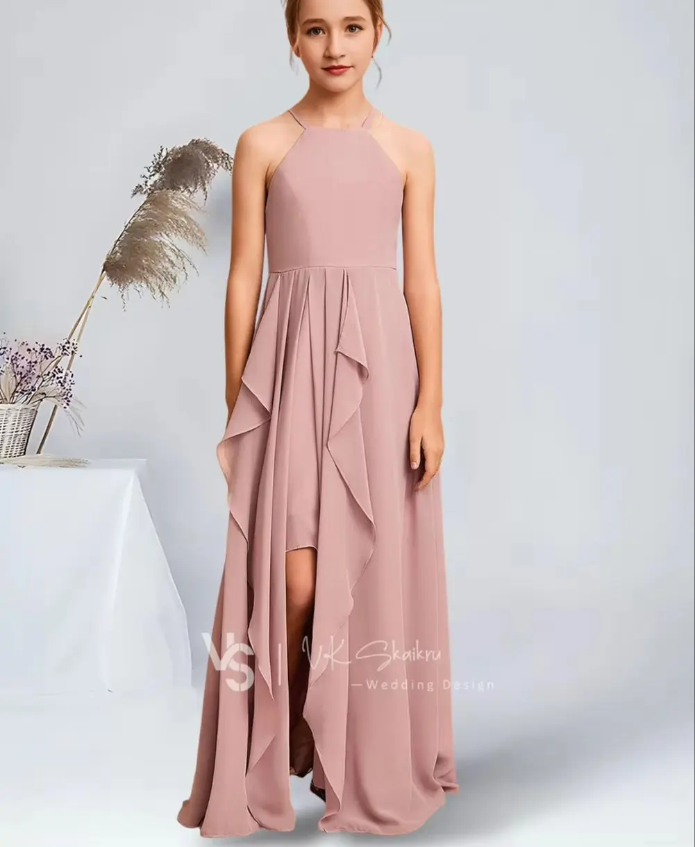 

BBA Kids A-Line Halter Floor-Length Chiffon Junior Bridesmaid Dresses Dusty Rose Gorgeous Flower Girl Dresses Party Wedding Kids
