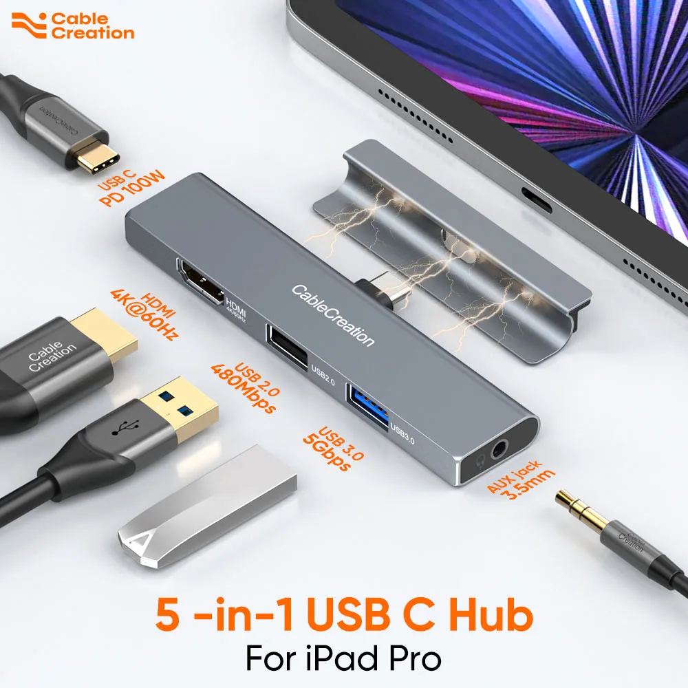 CableCreation 4K @ 60Hz USB نوع C محور الفاصل مع HDMI 3.5 مللي متر Aux جاك USB3.0 2.0 PD 100 واط نوع C حوض لباد برو M1 2021 2020