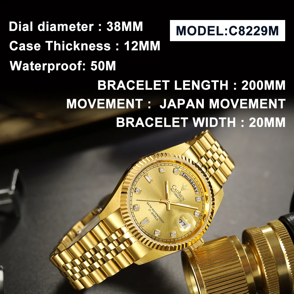 CADISEN 2024 New Men\'s Mechanical Watches DD38 Week Diamond Dial Luxury Automatic Watch Men Japan MIYOTA 8285 Sapphire Crystal