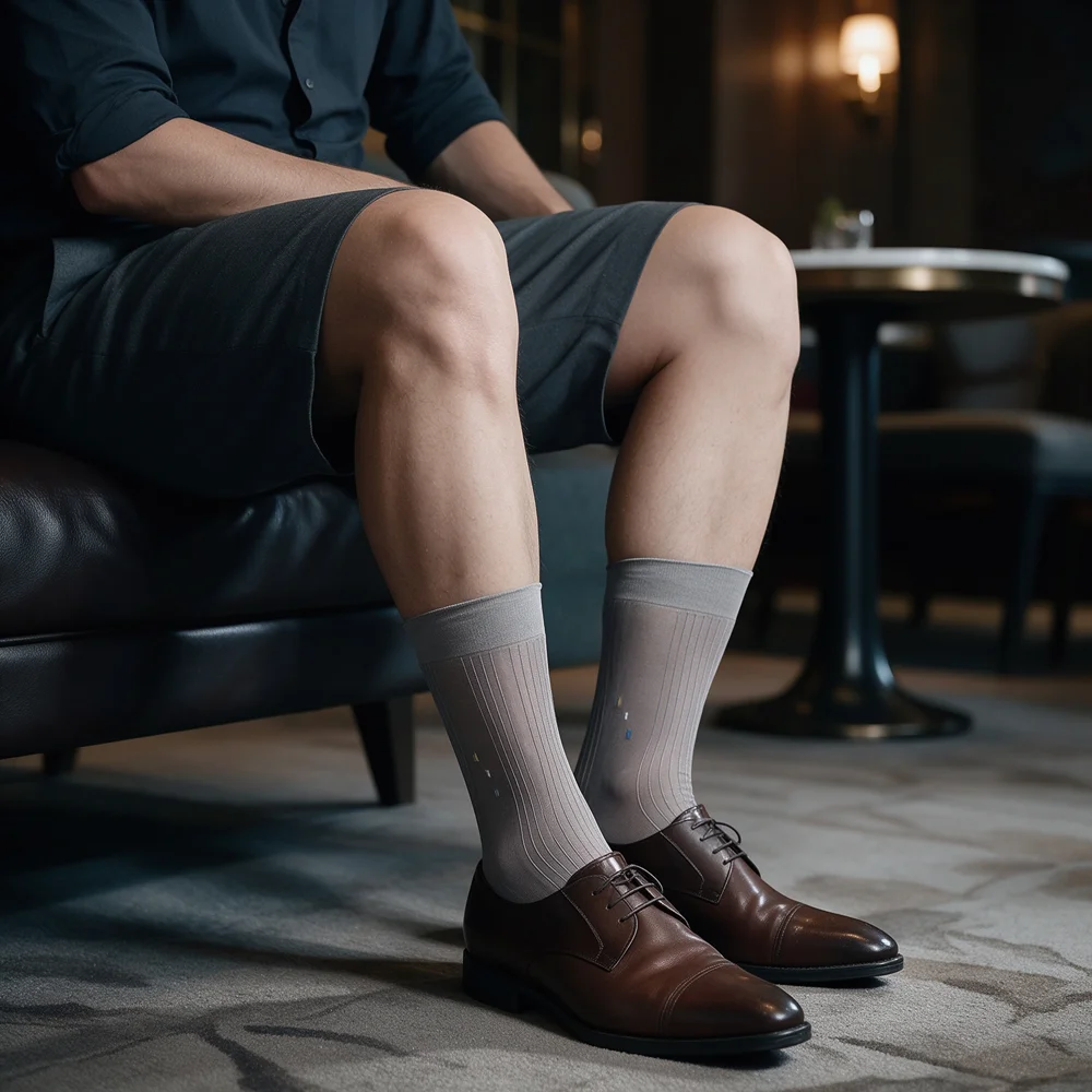 Men Sheer Dress Socks Ultra Thin Silky Transparent Mid Calf Business Formal Breathable Light Gray Ribbed for Office Wedding Suit