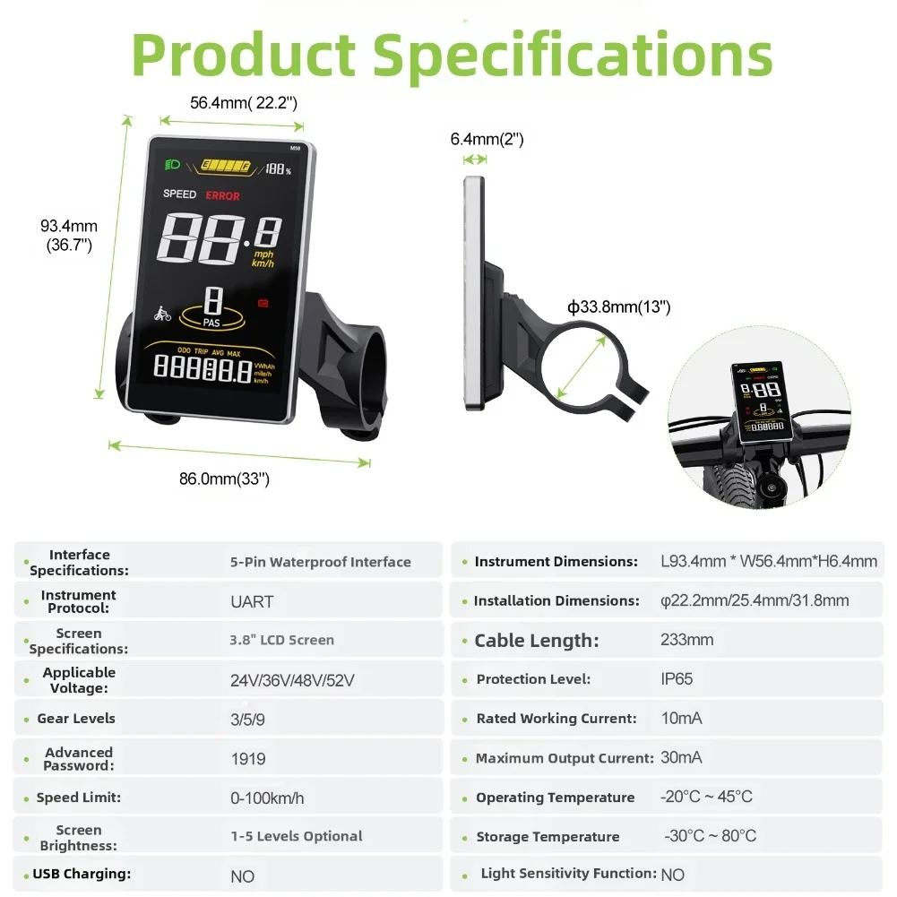 36V48V Compatible Black Ebike LCD Display 3.8-inch Vertical Screen Automatic Error Code Display For Urban Commuting