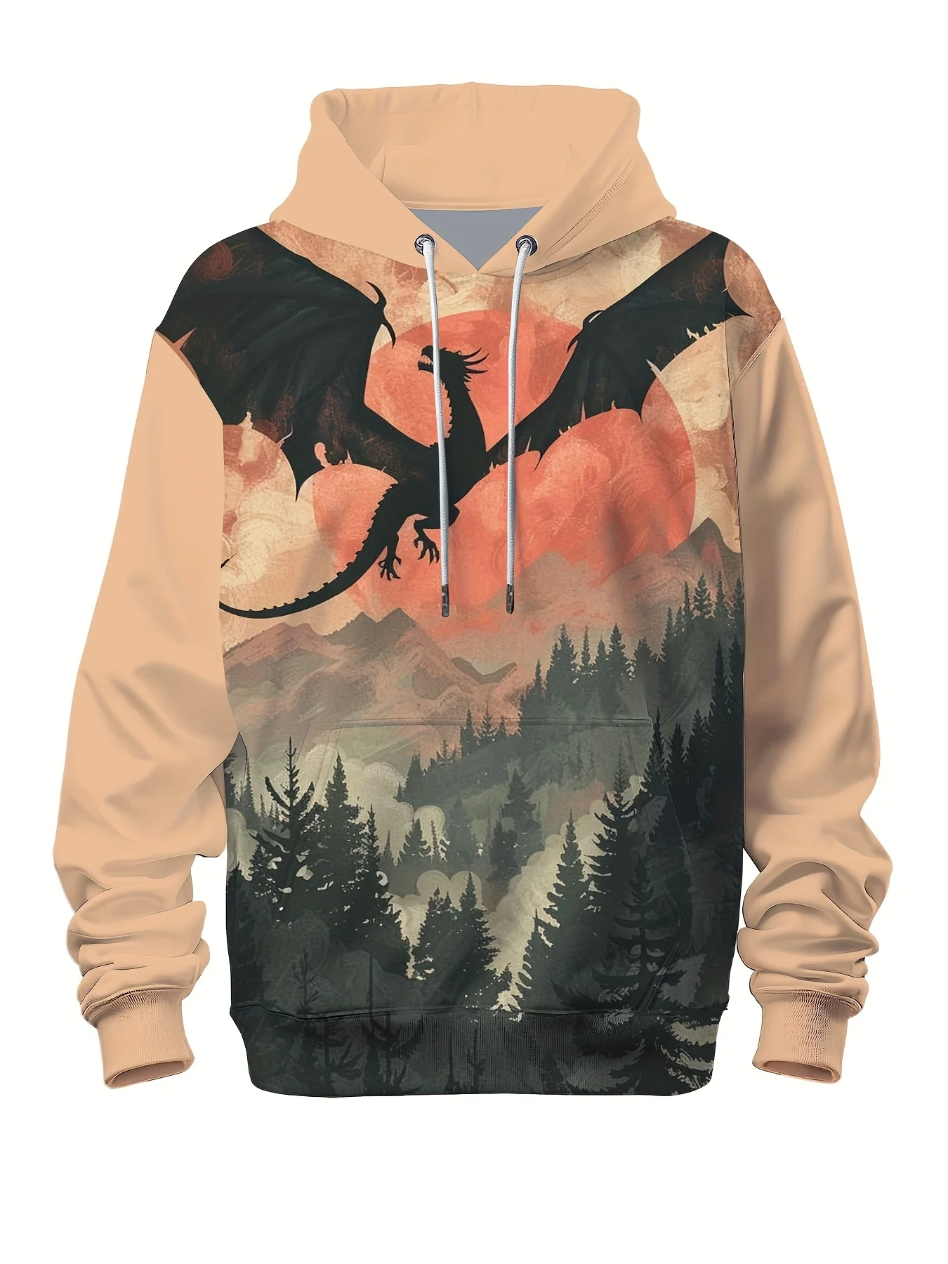 Men Dragon Sunset Mountain Forest Print Hoodie Drawstring Pocket Long Sleeve Casual Pullover Sweatshirt