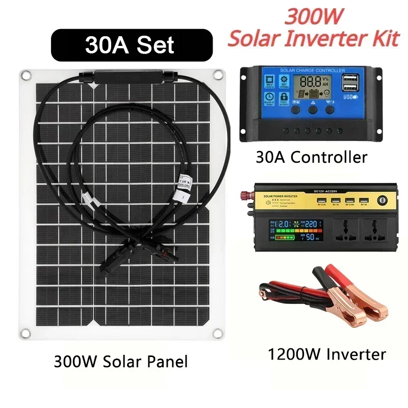 

BMAD Solar Power System Inverter Kit, Solar Panel Charger, 30A Controller, Home Grid Camp Phone Pad, 12V to 220V, 1200W, 300W