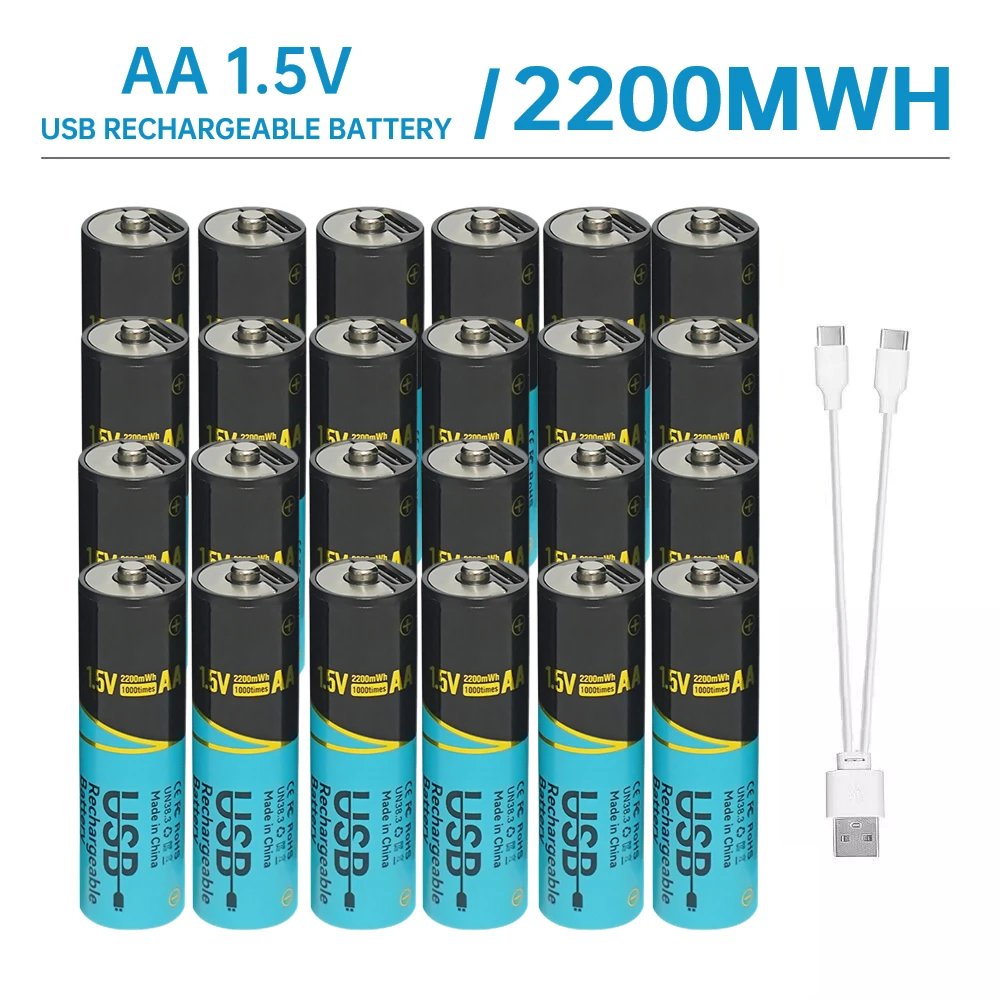 Skywolfeye 24pcs AA USB Batteries Rechargeable 1.5V Lithium Batteries for Outdoor Lamp Children's toys Electric toothbrush