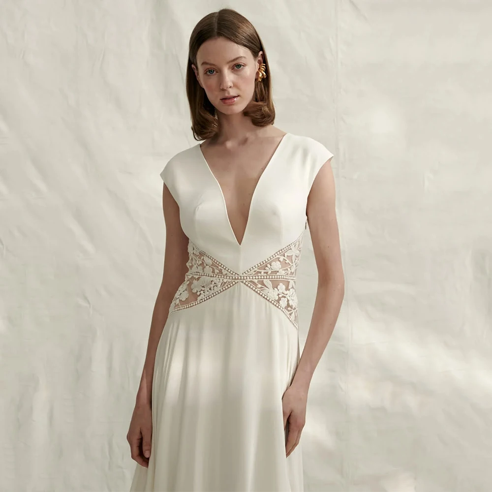 

Customized Boho Wedding Dresses 2026 Bride Deep V Neck Lace Illusion Wedding Gowns Women A Line Ivory Beach Bridal Dress Long