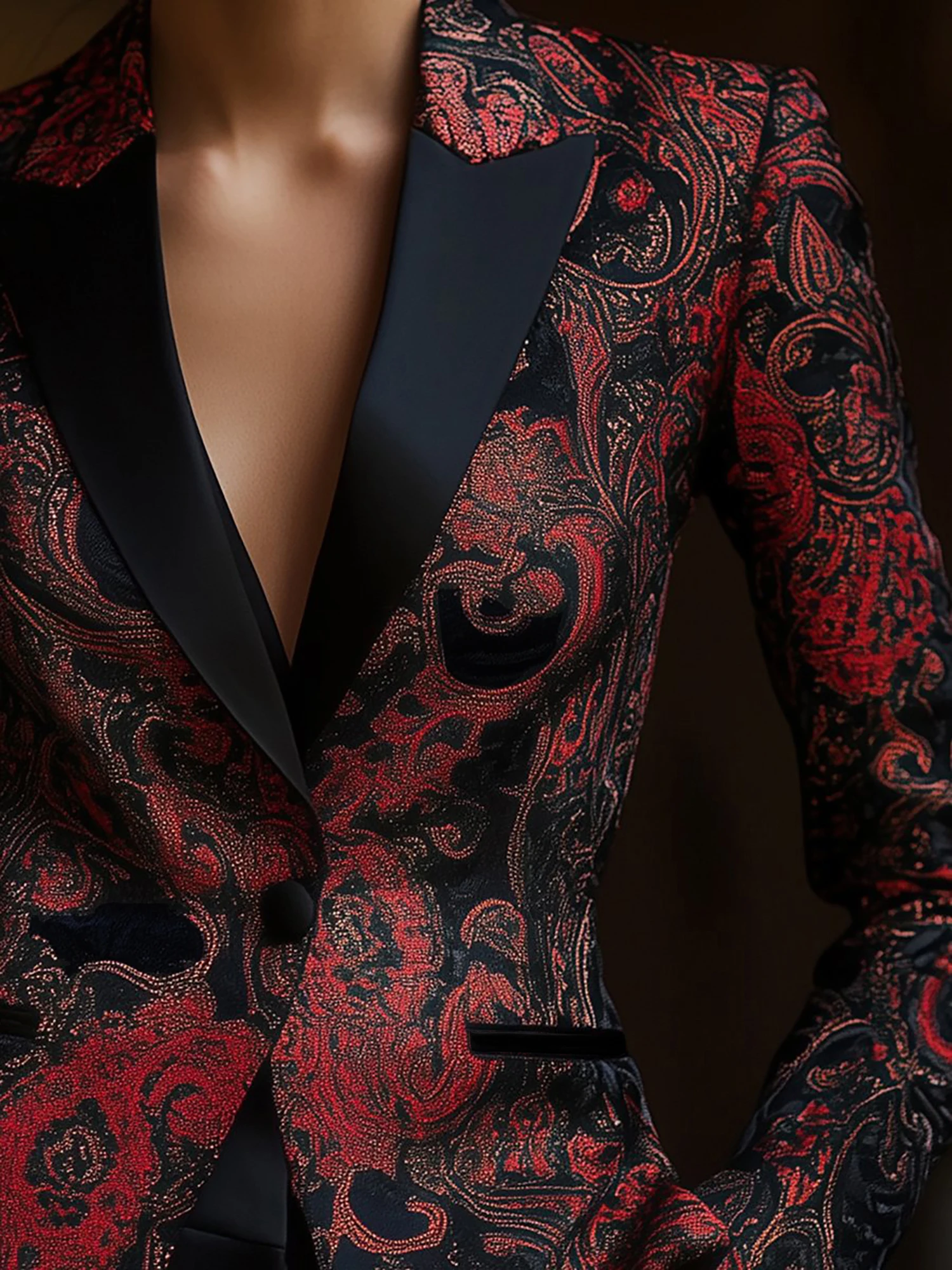 Blazer élégant à manches longues imprimé floral pour femme – Veste chic à col en V avec poches, vêtements d'extérieur élégants