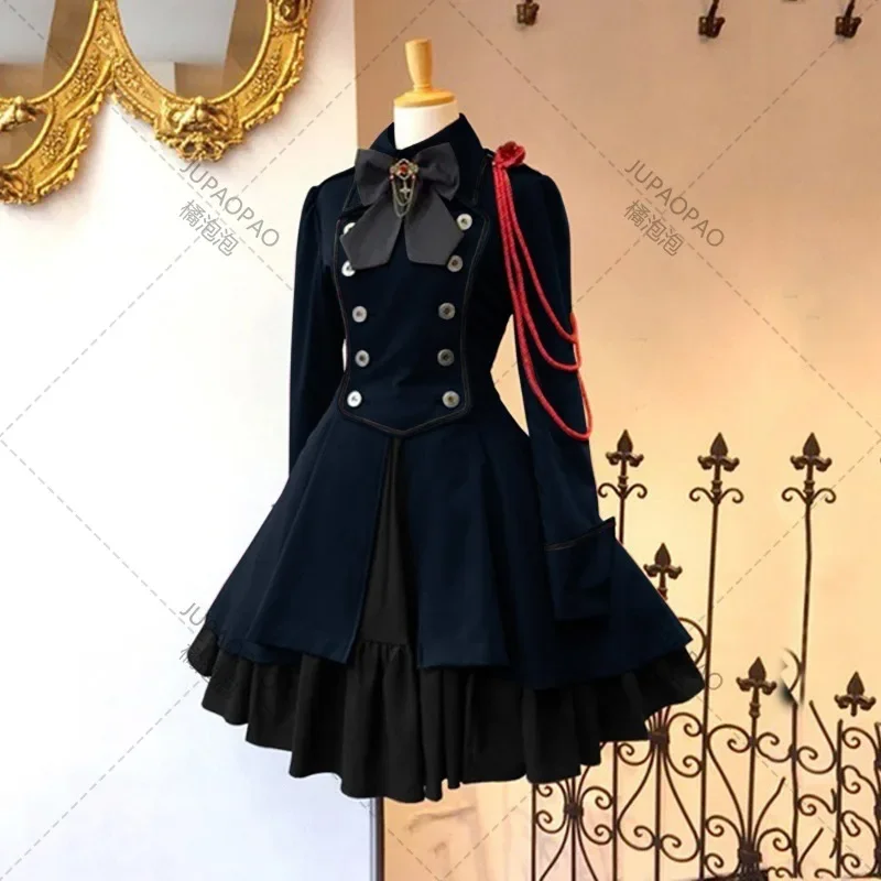 2024 Vintage Gothic Lolita Dress OP Ruffle Bow Tie Button Lace Up Knee Length Dress Long Sleeve Sweet Dress Costume Cosplay