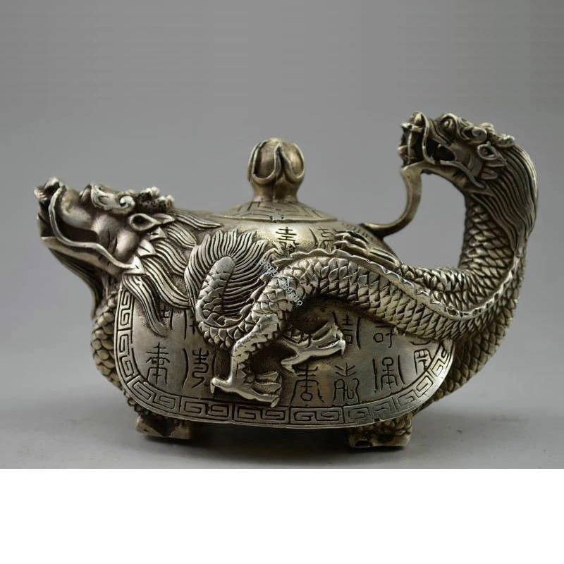 Collectible Decorated Old Handwork Tibet Silver Carved Dragon Tortoise Tea Pot