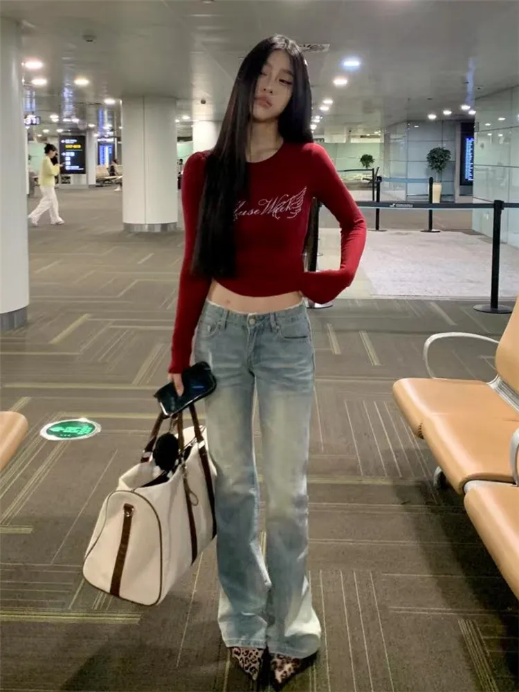 

Джинсы-клеш в американском стиле с низкой талией и кружевом, женские, весенне-осенние, облегающие, длинные в пол, с высокой талией