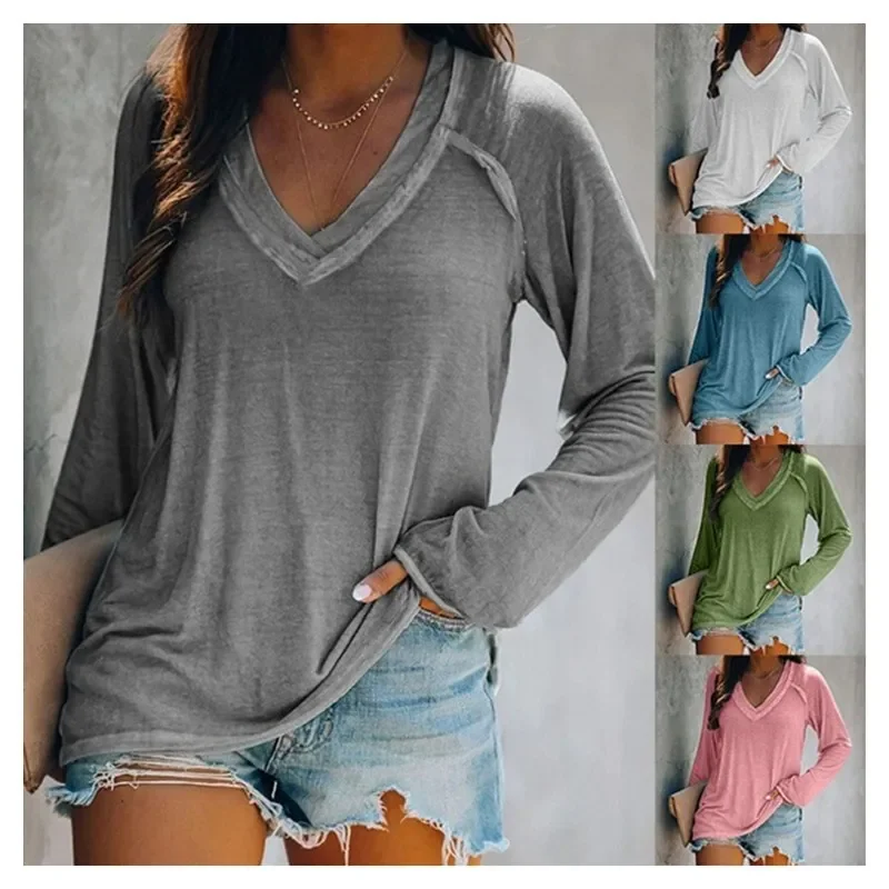 Women's S-5XL size Solid color long sleeved V-neck patchwork casual oversized T-shirt top for women's clothing